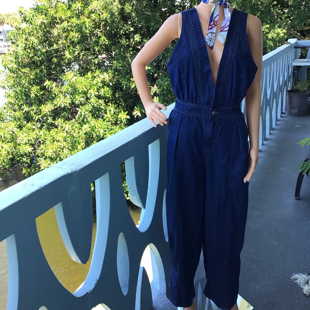 NWT Oyrosy Deep Plunge V-Neck Blue Denim Pleated Sleeveless Jumpsuit